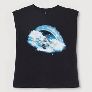 H&M 80s Style Cut-Off Sleeve Muscle Tee With Car Graphic And Shoulder Pads